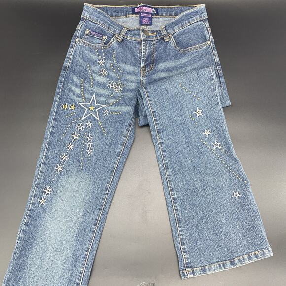 Vtg Y2K Bubblegum Jeans Womens 3/4 Flare Gold Silver Embroidered Stars Low Rise - Picture 5 of 8